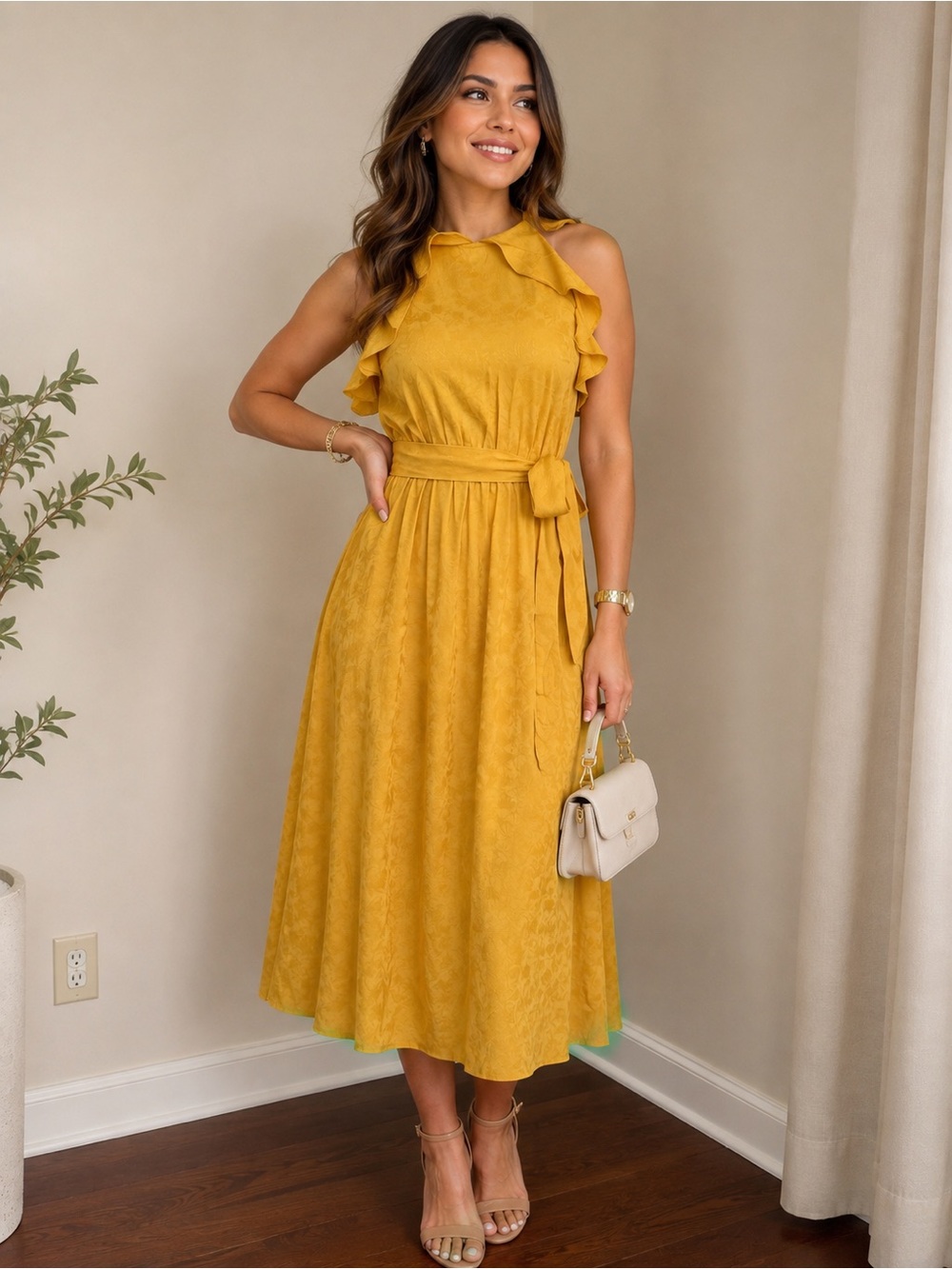 Zara Mustard Yellow Ruffle Midi Dress